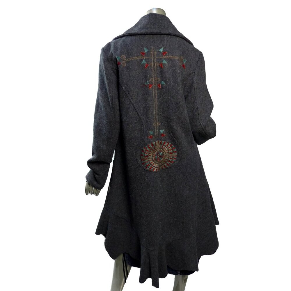 Bohemia (Sweden) Gray Embroidered Coat Large (12-14) Wool Blend Ruffled Slouchy